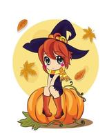 une sorcière d'halloween est assise contre une pleine lune. les vacances d'automne. vecteur, style plat, dessin animé. vecteur