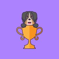 chien mignon avec trophée d'or. concept de dessin animé animal isolé. peut être utilisé pour un t-shirt, une carte de voeux, une carte d'invitation ou une mascotte. style cartoon plat vecteur