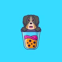 chien mignon buvant du thé au lait boba. concept de dessin animé animal isolé. peut être utilisé pour un t-shirt, une carte de voeux, une carte d'invitation ou une mascotte. style cartoon plat vecteur