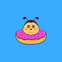 abeille mignonne avec un beignet sur son cou. concept de dessin animé animal isolé. peut être utilisé pour un t-shirt, une carte de voeux, une carte d'invitation ou une mascotte. style cartoon plat vecteur