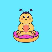 l'abeille mignonne est assise sur des beignets. concept de dessin animé animal isolé. peut être utilisé pour un t-shirt, une carte de voeux, une carte d'invitation ou une mascotte. style cartoon plat vecteur