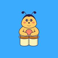 l'abeille mignonne joue de la batterie. concept de dessin animé animal isolé. peut être utilisé pour un t-shirt, une carte de voeux, une carte d'invitation ou une mascotte. style cartoon plat vecteur