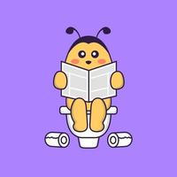 abeille mignonne caca sur les toilettes et lire le journal. concept de dessin animé animal isolé. peut être utilisé pour un t-shirt, une carte de voeux, une carte d'invitation ou une mascotte. style cartoon plat vecteur