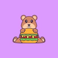 écureuil mignon mangeant un hamburger. concept de dessin animé animal isolé. peut être utilisé pour un t-shirt, une carte de voeux, une carte d'invitation ou une mascotte. style cartoon plat vecteur