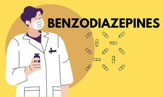 les benzodiazépines. benzodiazépines pilules dans rx ordonnance drogue bouteille vecteur illustration