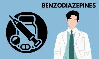 les benzodiazépines. benzodiazépines pilules dans rx ordonnance drogue bouteille vecteur illustration