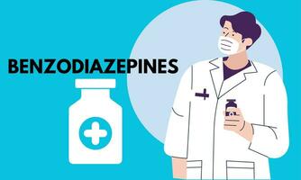 les benzodiazépines. benzodiazépines pilules dans rx ordonnance drogue bouteille vecteur illustration