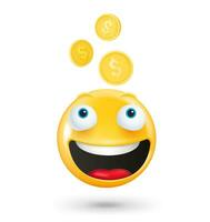 Jaune mignonne emoji visage avec d'or pièces de monnaie. content Roi concept. 3d vecteur illustration