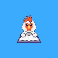 poulet mignon lisant un livre. concept de dessin animé animal isolé. peut être utilisé pour un t-shirt, une carte de voeux, une carte d'invitation ou une mascotte. style cartoon plat vecteur