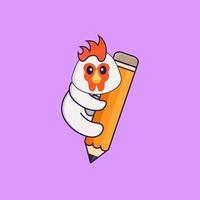 poulet mignon tenant un crayon. concept de dessin animé animal isolé. peut être utilisé pour un t-shirt, une carte de voeux, une carte d'invitation ou une mascotte. style cartoon plat vecteur