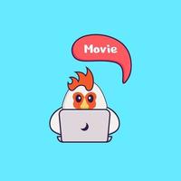 poulet mignon regarde un film. concept de dessin animé animal isolé. peut être utilisé pour un t-shirt, une carte de voeux, une carte d'invitation ou une mascotte. style cartoon plat vecteur