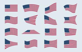 ensemble de différent américain drapeaux dans différent pose. Etats-Unis drapeau vecteur illustration.