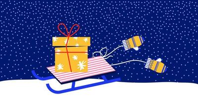 Noël bannière avec traîneau et cadeau. vecteur illustration de vacances Contexte dans plat style. traîneau contre le toile de fond de une hiver tempête de neige.