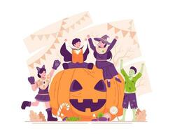 Halloween fête fête. content les enfants dans différent Halloween costumes séance sur une géant citrouille vecteur