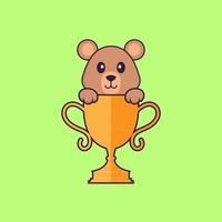 rat mignon avec trophée d'or. concept de dessin animé animal isolé. peut être utilisé pour un t-shirt, une carte de voeux, une carte d'invitation ou une mascotte. style cartoon plat vecteur