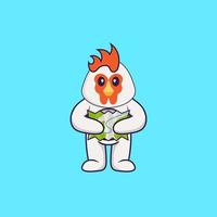 poulet mignon tenant une carte. concept de dessin animé animal isolé. peut être utilisé pour un t-shirt, une carte de voeux, une carte d'invitation ou une mascotte. style cartoon plat vecteur