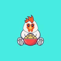 poulet mignon mangeant des nouilles ramen. concept de dessin animé animal isolé. peut être utilisé pour un t-shirt, une carte de voeux, une carte d'invitation ou une mascotte. style cartoon plat vecteur