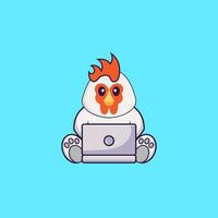 poulet mignon à l'aide d'un ordinateur portable. concept de dessin animé animal isolé. peut être utilisé pour un t-shirt, une carte de voeux, une carte d'invitation ou une mascotte. style cartoon plat vecteur