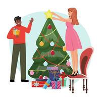 noir homme en portant une cadeau boîte et blanc femme décorer une Noël arbre. Noël veille illustration avec gens différent nationalités vecteur