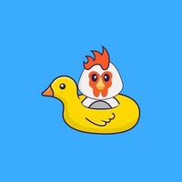 poulet mignon avec bouée de canard. concept de dessin animé animal isolé. peut être utilisé pour un t-shirt, une carte de voeux, une carte d'invitation ou une mascotte. style cartoon plat vecteur