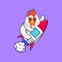 poulet mignon volant sur une fusée. concept de dessin animé animal isolé. peut être utilisé pour un t-shirt, une carte de voeux, une carte d'invitation ou une mascotte. style cartoon plat vecteur