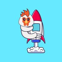 poulet mignon volant sur une fusée. concept de dessin animé animal isolé. peut être utilisé pour un t-shirt, une carte de voeux, une carte d'invitation ou une mascotte. style cartoon plat vecteur