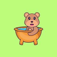 ours mignon prenant un bain dans la baignoire. concept de dessin animé animal isolé. peut être utilisé pour un t-shirt, une carte de voeux, une carte d'invitation ou une mascotte. style cartoon plat vecteur
