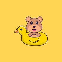 ours mignon avec bouée de canard. concept de dessin animé animal isolé. peut être utilisé pour un t-shirt, une carte de voeux, une carte d'invitation ou une mascotte. style cartoon plat vecteur