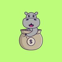 hippopotame mignon dans un sac d'argent. concept de dessin animé animal isolé. peut être utilisé pour un t-shirt, une carte de voeux, une carte d'invitation ou une mascotte. style cartoon plat vecteur