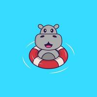 l'hippopotame mignon nage avec une bouée. concept de dessin animé animal isolé. peut être utilisé pour un t-shirt, une carte de voeux, une carte d'invitation ou une mascotte. style cartoon plat vecteur