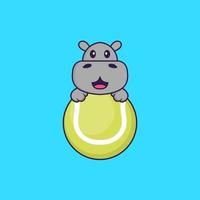 hippopotame mignon jouant au tennis. concept de dessin animé animal isolé. peut être utilisé pour un t-shirt, une carte de voeux, une carte d'invitation ou une mascotte. style cartoon plat vecteur