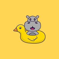 hippopotame mignon avec bouée canard. concept de dessin animé animal isolé. peut être utilisé pour un t-shirt, une carte de voeux, une carte d'invitation ou une mascotte. style cartoon plat vecteur