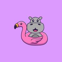 hippopotame mignon avec bouée flamant rose. concept de dessin animé animal isolé. peut être utilisé pour un t-shirt, une carte de voeux, une carte d'invitation ou une mascotte. style cartoon plat vecteur