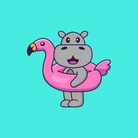 hippopotame mignon avec bouée flamant rose. concept de dessin animé animal isolé. peut être utilisé pour un t-shirt, une carte de voeux, une carte d'invitation ou une mascotte. style cartoon plat vecteur