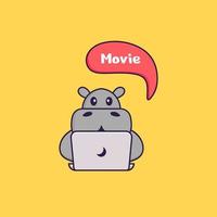 hippopotame mignon regarde un film. concept de dessin animé animal isolé. peut être utilisé pour un t-shirt, une carte de voeux, une carte d'invitation ou une mascotte. style cartoon plat vecteur