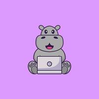 hippopotame mignon utilisant un ordinateur portable. concept de dessin animé animal isolé. peut être utilisé pour un t-shirt, une carte de voeux, une carte d'invitation ou une mascotte. style cartoon plat vecteur