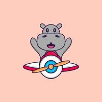 hippopotame mignon volant dans un avion. concept de dessin animé animal isolé. peut être utilisé pour un t-shirt, une carte de voeux, une carte d'invitation ou une mascotte. style cartoon plat vecteur