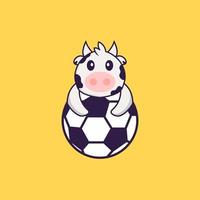 vache mignonne jouant au football. concept de dessin animé animal isolé. peut être utilisé pour un t-shirt, une carte de voeux, une carte d'invitation ou une mascotte. style cartoon plat vecteur