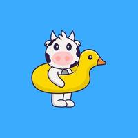 vache mignonne avec bouée de canard. concept de dessin animé animal isolé. peut être utilisé pour un t-shirt, une carte de voeux, une carte d'invitation ou une mascotte. style cartoon plat vecteur