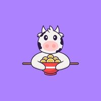 vache mignonne mangeant des nouilles ramen. concept de dessin animé animal isolé. peut être utilisé pour un t-shirt, une carte de voeux, une carte d'invitation ou une mascotte. style cartoon plat vecteur