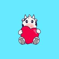 vache mignonne tenant un gros coeur rouge. concept de dessin animé animal isolé. peut être utilisé pour un t-shirt, une carte de voeux, une carte d'invitation ou une mascotte. style cartoon plat vecteur