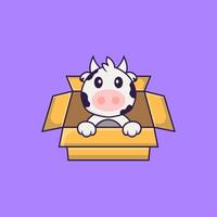 vache mignonne jouant dans la boîte. concept de dessin animé animal isolé. peut être utilisé pour un t-shirt, une carte de voeux, une carte d'invitation ou une mascotte. style cartoon plat vecteur