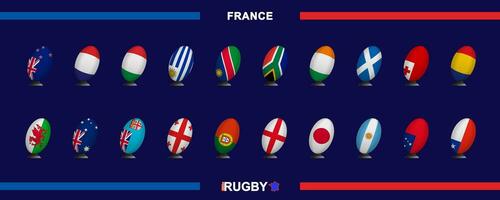 collection de drapeaux dans le rugby Balle style sur donner un coup supporter de le nations participant dans le rugby 2023. le rugby Balle drapeau collection. vecteur