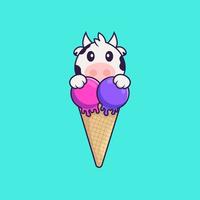 vache mignonne avec de la crème glacée sucrée. concept de dessin animé animal isolé. peut être utilisé pour un t-shirt, une carte de voeux, une carte d'invitation ou une mascotte. style cartoon plat vecteur