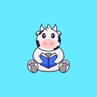 vache mignonne lisant un livre. concept de dessin animé animal isolé. peut être utilisé pour un t-shirt, une carte de voeux, une carte d'invitation ou une mascotte. style cartoon plat vecteur