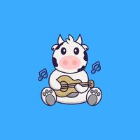 vache mignonne jouant de la guitare. concept de dessin animé animal isolé. peut être utilisé pour un t-shirt, une carte de voeux, une carte d'invitation ou une mascotte. style cartoon plat vecteur