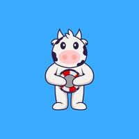 vache mignonne tenant une bouée. concept de dessin animé animal isolé. peut être utilisé pour un t-shirt, une carte de voeux, une carte d'invitation ou une mascotte. style cartoon plat vecteur