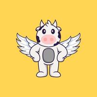 vache mignonne utilisant des ailes. concept de dessin animé animal isolé. peut être utilisé pour un t-shirt, une carte de voeux, une carte d'invitation ou une mascotte. style cartoon plat vecteur