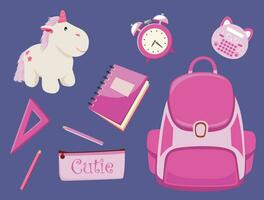 brillant mignonne ensemble de école Provisions pour filles, comprenant peluche Licorne jouet, des crayons, cahiers, sac à dos, alarme horloge, règle, calculatrice et crayon cas. isolé sur foncé Contexte vecteur