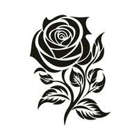 une noir et blanc silhouette de une Rose avec feuilles, côté voir. Facile monochrome vecteur illustration, isolé sur une blanc Contexte.